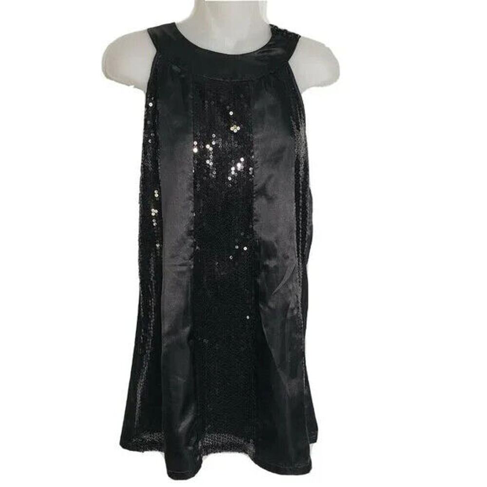 Vanity Womens Sequin Top Size Medium Black Embellished Striped Y Neck Sleeveless